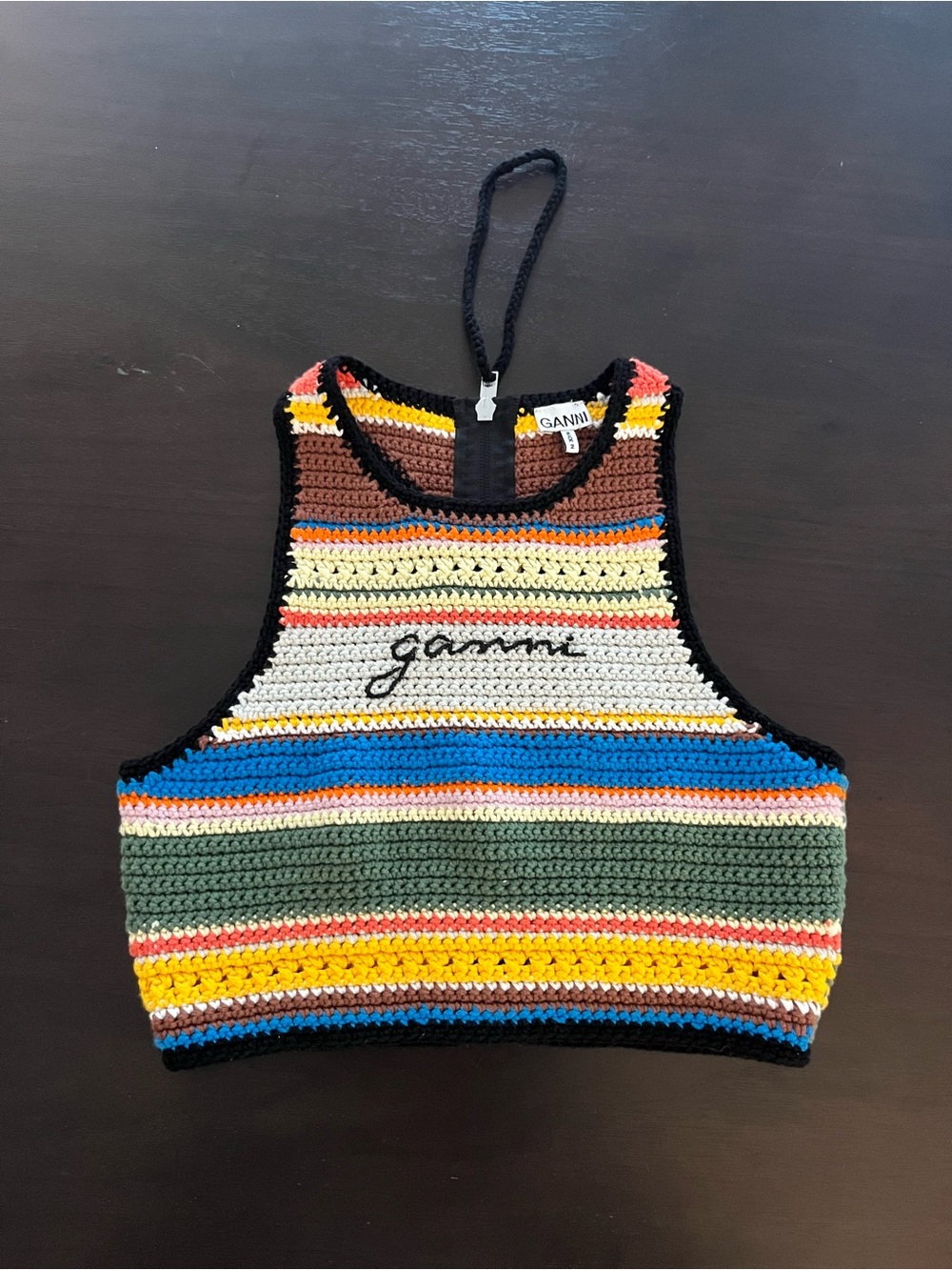 Ganni Multicolor Striped Crochet Crop Top - Green/Yellow/Blue/White/Black